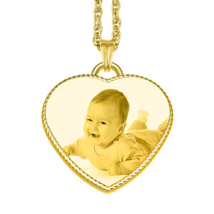 Gold Photo Engraved Rope Edged Heart Pendant Necklace