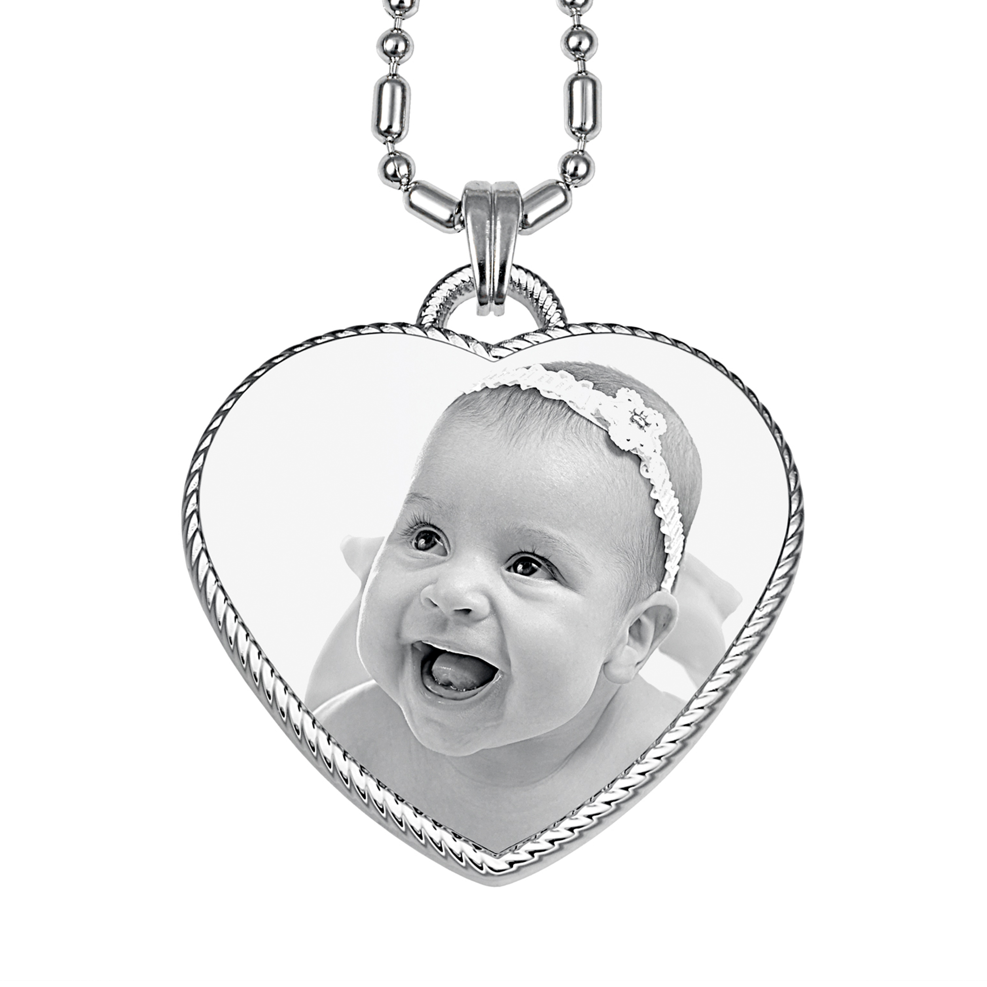 Photo Engraved Steel Heart Pendant Rope Edged