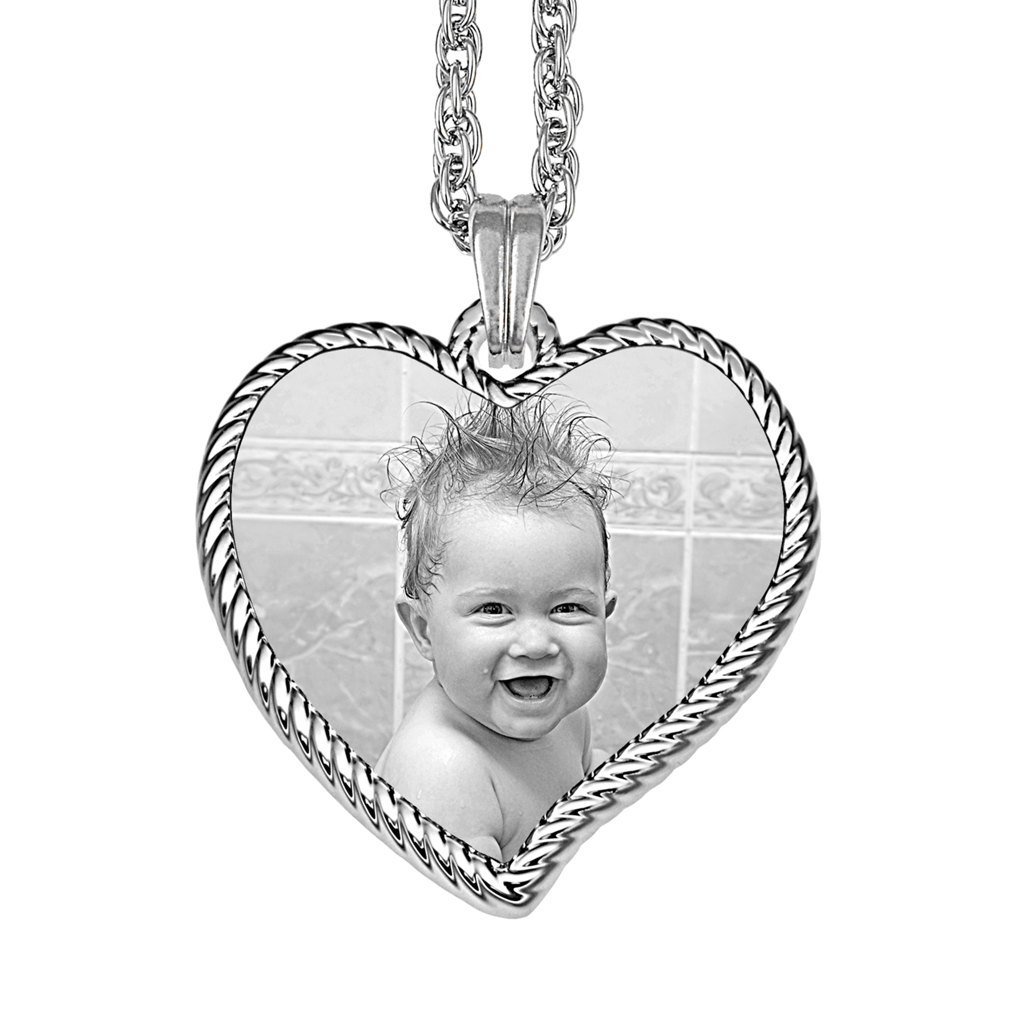 Silver Rope Edged Curved Heart Shaped Photo Memory Pendant