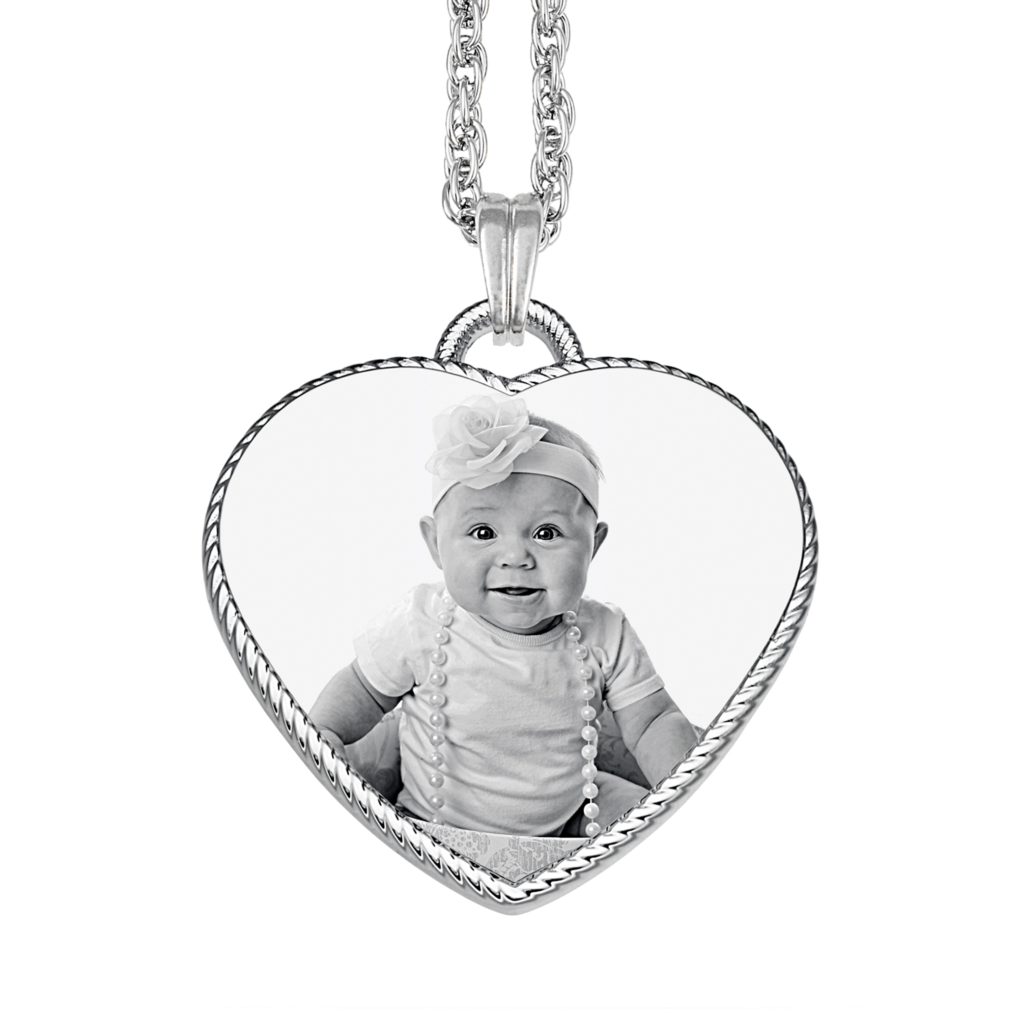 Silver Photo Engraved Rope Edged Heart Pendant Necklace