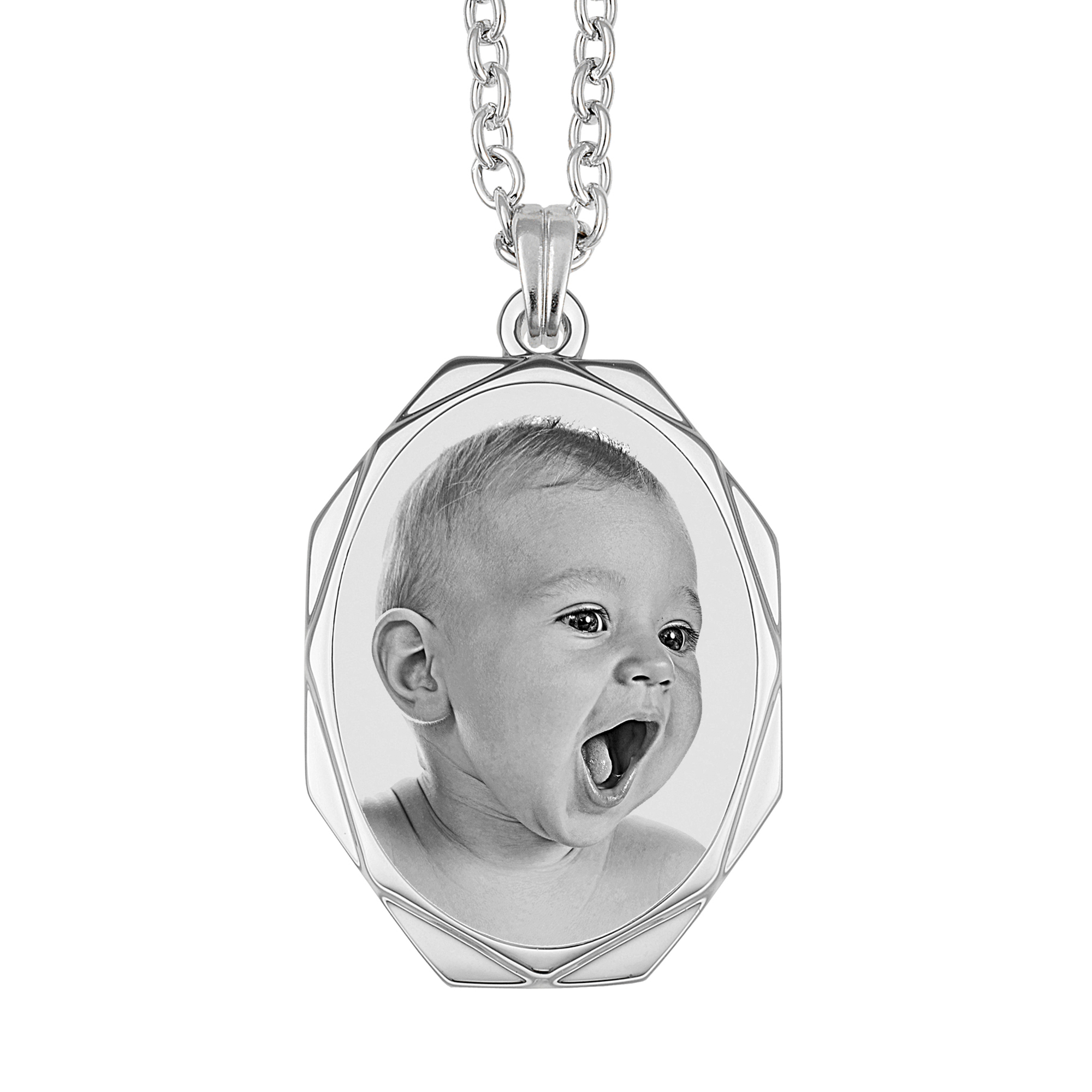 Custom Silver Frame Octagon Photo Engraved Pendant