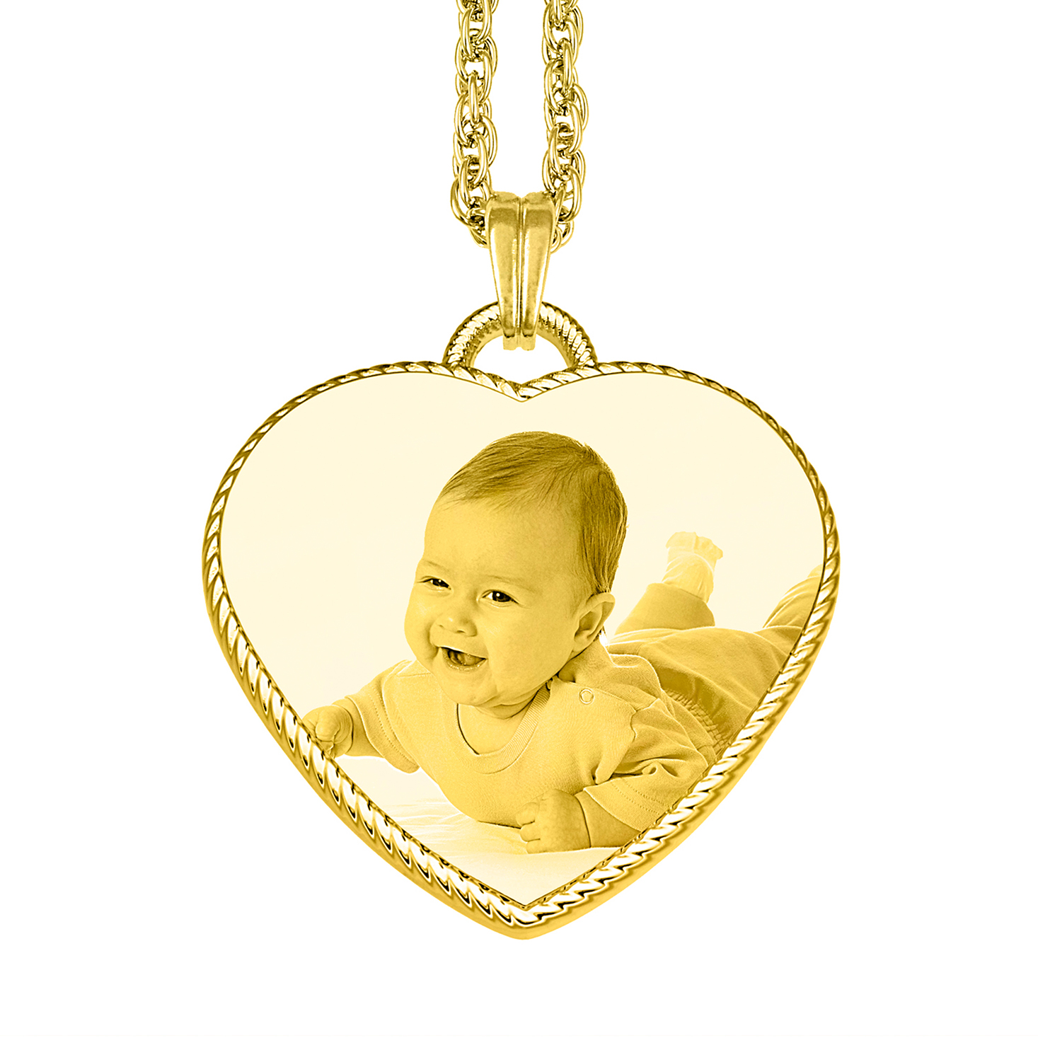Gold Photo Engraved Rope Edged Heart Pendant Necklace